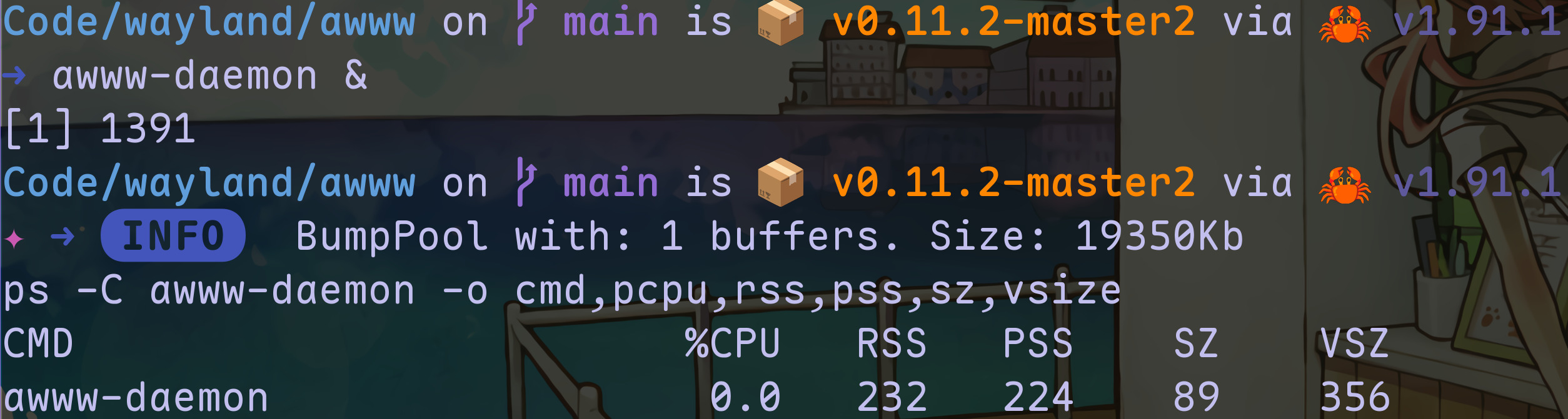 Output of 'ps -C awww-daemon -o cmd,pcpu,rss,pss,sz,vsize'
         showing awww-daemon using 232 Kb of RSS and 230 Kb PSS
